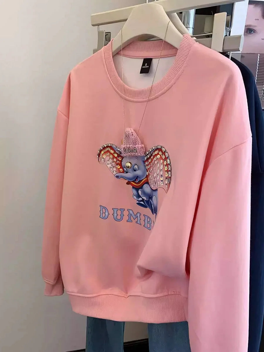 VINESU Dumbo Sweatshirt - with ears covered in shiny rhinestones and wearing a three - dimensional plush small hat