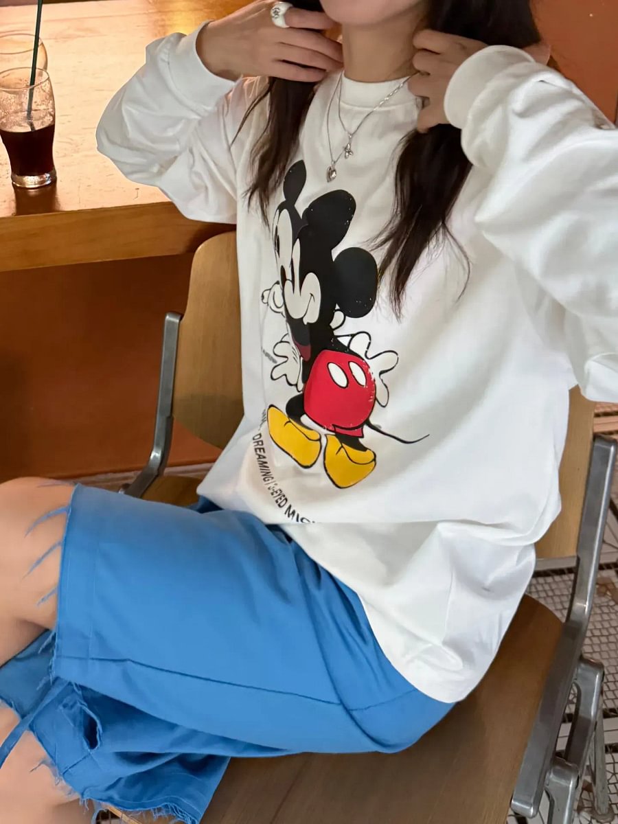 Vinesu A56 - Premium 100% Cotton Long Sleeve Graphic Tee - Cute Cartoon Mouse Print - Loose Fit Spring/Autumn Couple T-shirt in White