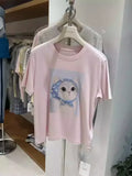 A125 - 220g Heavyweight Cotton Kawaii Cat Graphic T-Shirt - 3D Hand-Crocheted & Beaded Bandana Detail - Premium Boutique Aesthetic Tee