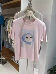 A125 - 220g Heavyweight Cotton Kawaii Cat Graphic T-Shirt - 3D Hand-Crocheted & Beaded Bandana Detail - Premium Boutique Aesthetic Tee