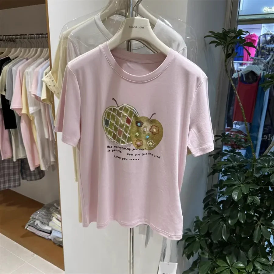 A123 - Premium Green Apple Graphic Tee with Crystal Beading & Gentle