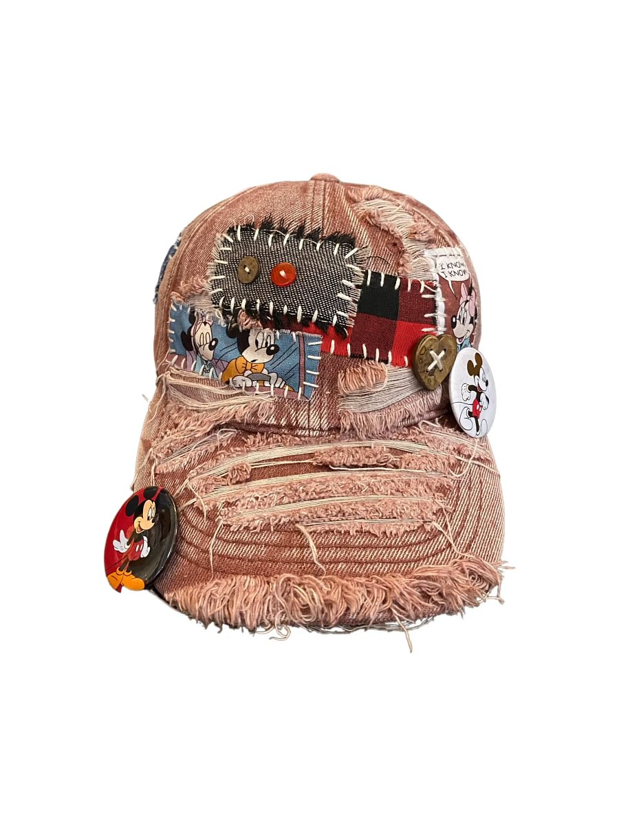 Vinesu H9 - Handmade Reworked Mickey&Minnie Patchwork Cap | One-of-a-Kind Distressed Vintage Aesthetic Hat ❤Dark red