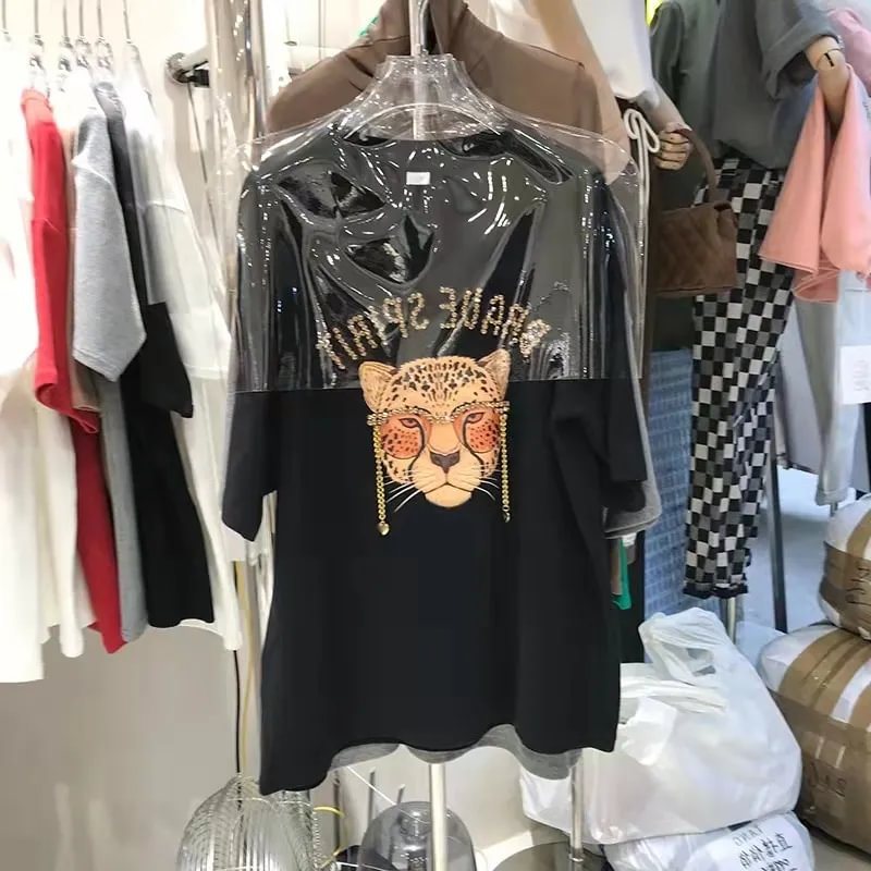 VINESU A28 - Rhinestone Leopard Head Chain Oversized Tee, Brave Spirit Graphic Print T-Shirt