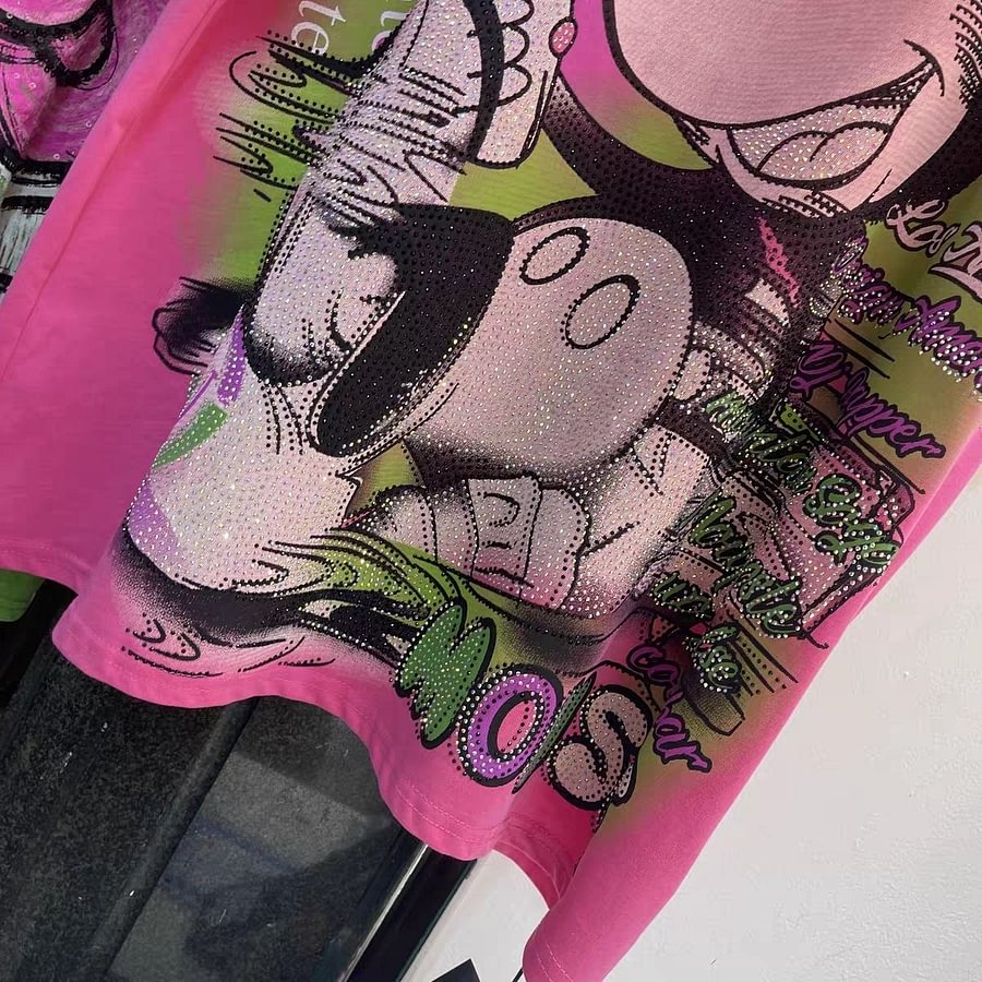 A194 - Oversized Heavyweight 320g Cotton Graphic Tee - Luxury Rhinestone Mickey Streetwear T-Shirt with Double-Sided Print