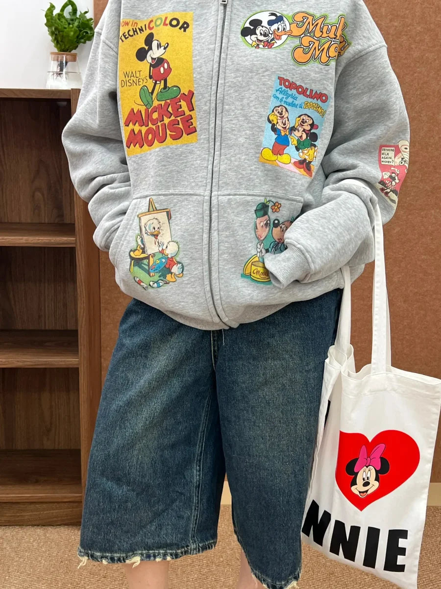 A75 - Vintage Disney Comic Print Distressed Zip-Up Hoodie | Loose Jacket