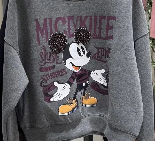 Vinesu A60 - Retro Mickey Print Contrast Crewneck | Loose 90s Aesthetic Fall/Winter Sweatshirt