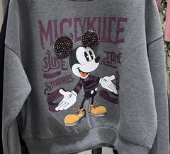 Vinesu A60 - Retro Mickey Print Contrast Crewneck | Loose 90s Aesthetic Fall/Winter Sweatshirt