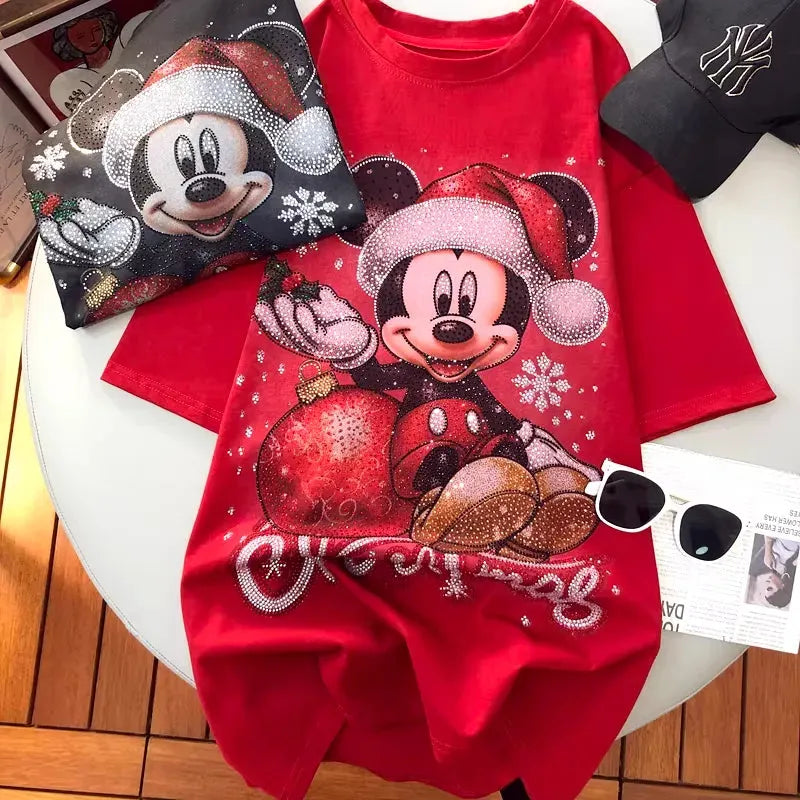 VINESU A08 - New Arrival Christmas Mouse Rhinestone Oversized Tee