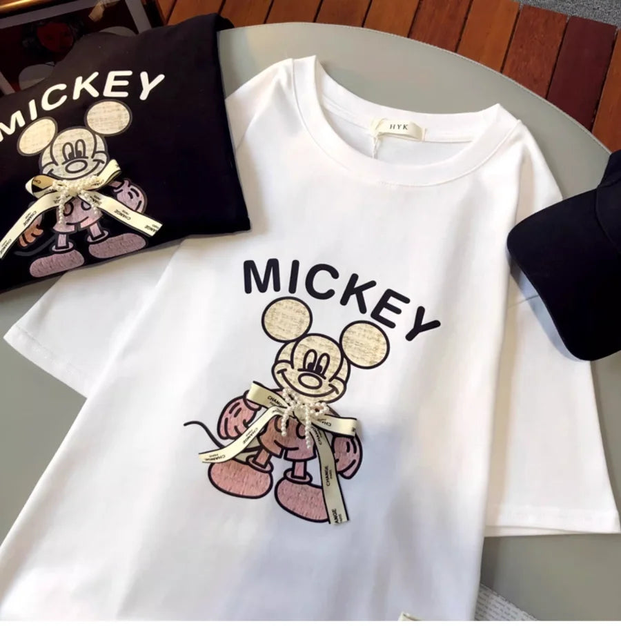 A143 - Luxury Handcrafted Pearl Ribbon Mickey T-Shirt - 220g Premium Heavyweight Cotton