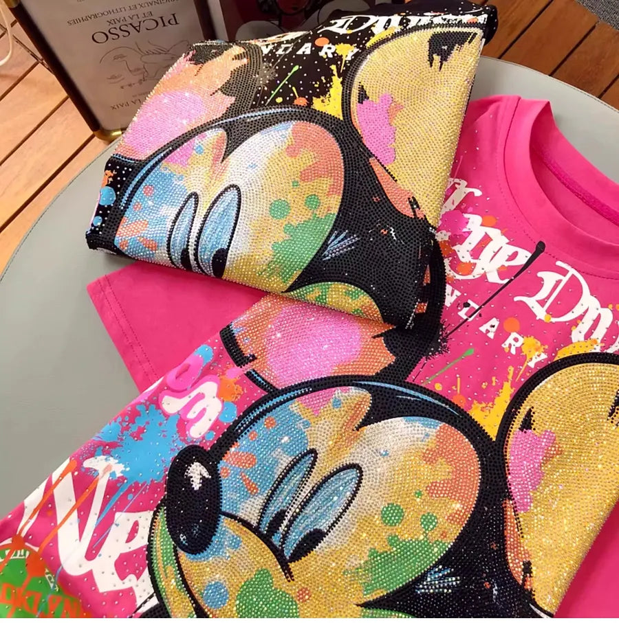 VINESU MK06 - Full Rhinestone Graffiti Mickey Oversized Cotton Tee