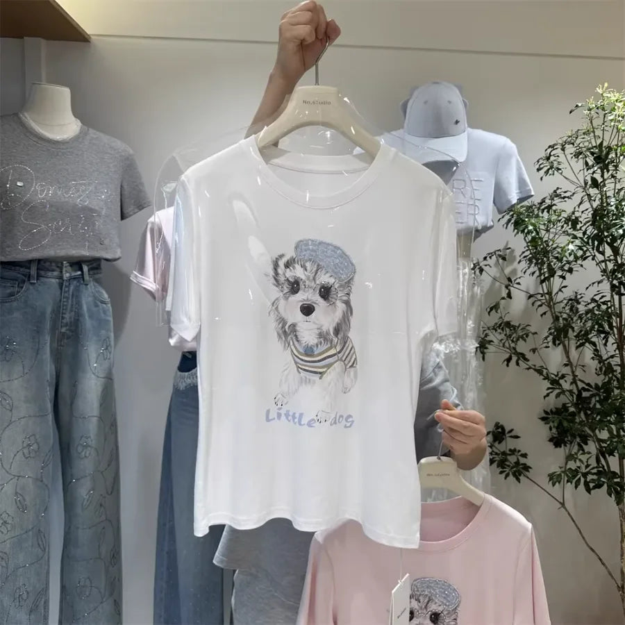 A127 - 220g Heavyweight Cotton Poodle Graphic Tee - 3D Terry Cloth Embroidery Dog & Heart Balloon T-Shirt - Premium Boutique Summer Top