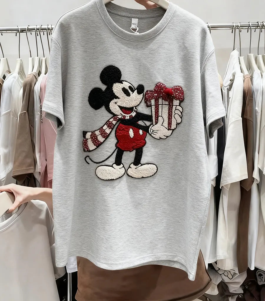 VINESU Christmas MK Mouse Textured Embroidered Red Short-Sleeve T-Shirt