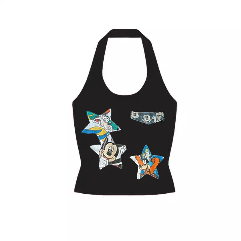 Vinesu A67 - Handmade Reworked Mickey Patchwork Halter Top | One-of-a-Kind Vintage Character Tank