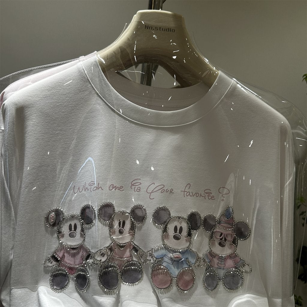 A181 - Luxury 3D Mickey Mouse Graphic Tee - Crystal Seed Bead Embroidery with Mini Sunglasses