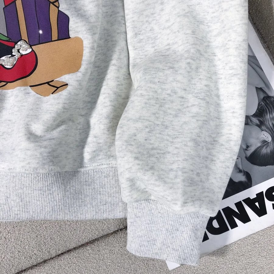 VINESU Christmas MN Cartoon Print Hand-Applied Beads Crewneck Sweatshirt