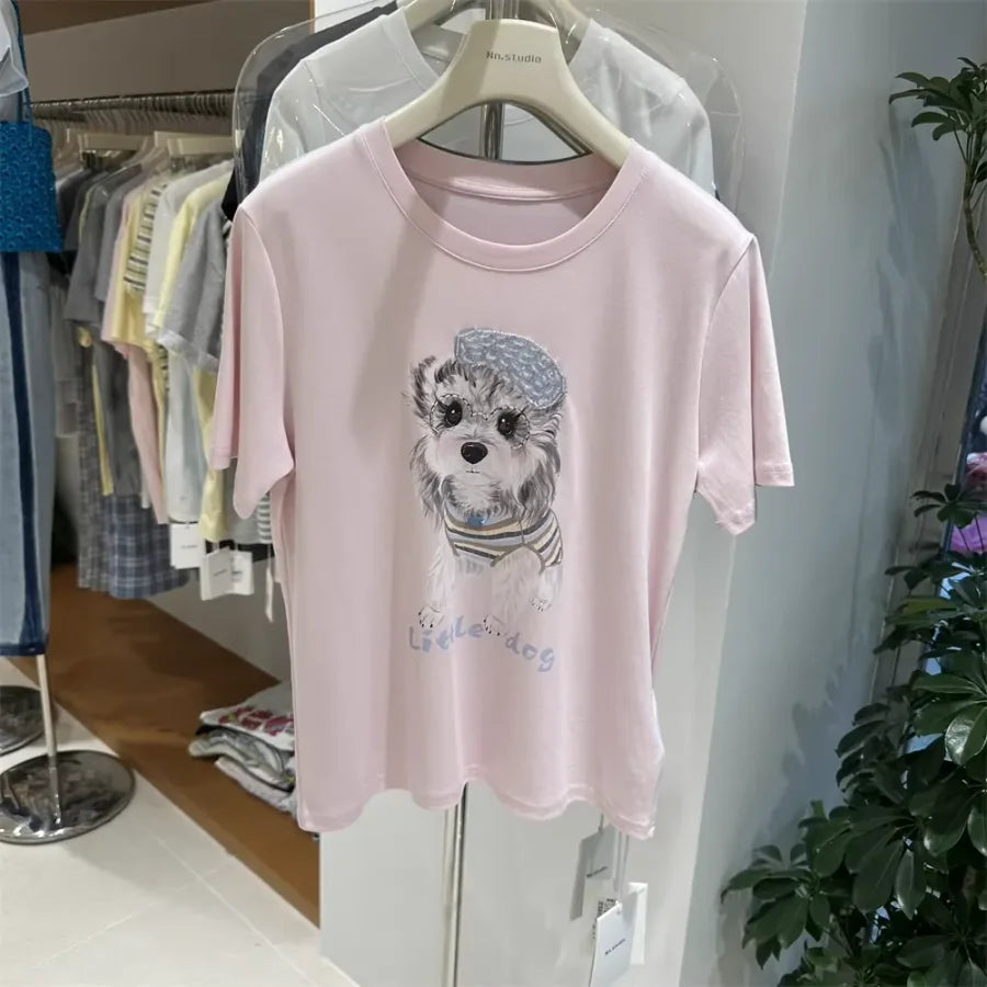 A127 - 220g Heavyweight Cotton Poodle Graphic Tee - 3D Terry Cloth Embroidery Dog & Heart Balloon T-Shirt - Premium Boutique Summer Top