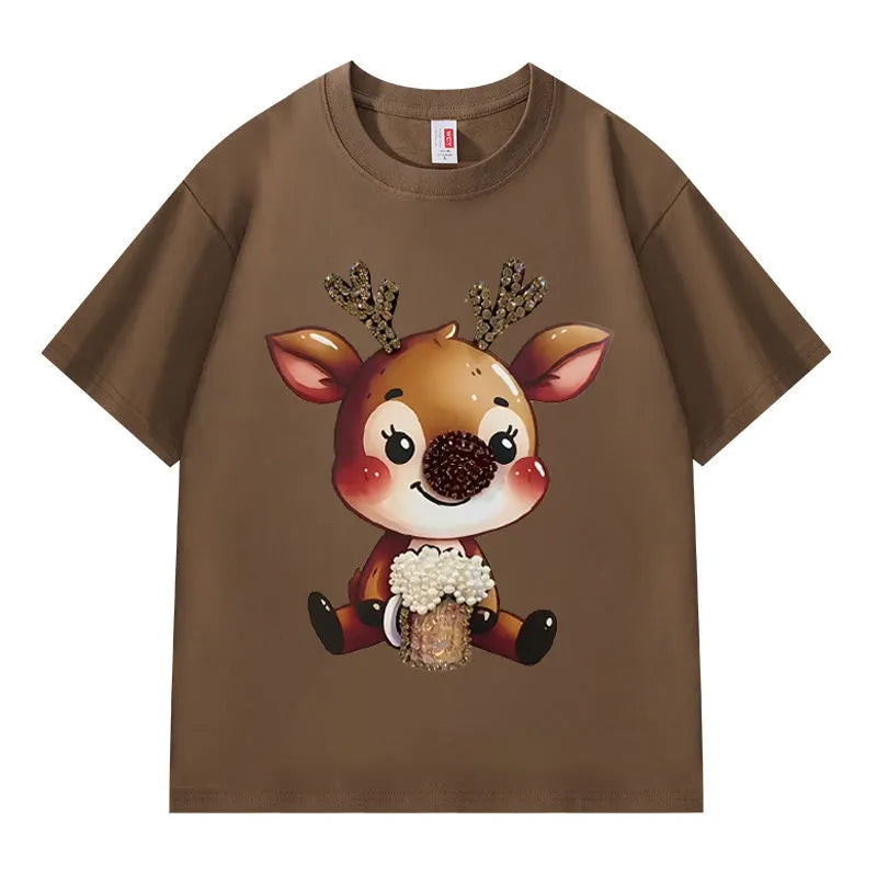 VINESU Y451 - 3D Beaded Reindeer Vintage Washed Short Sleeve Tee
