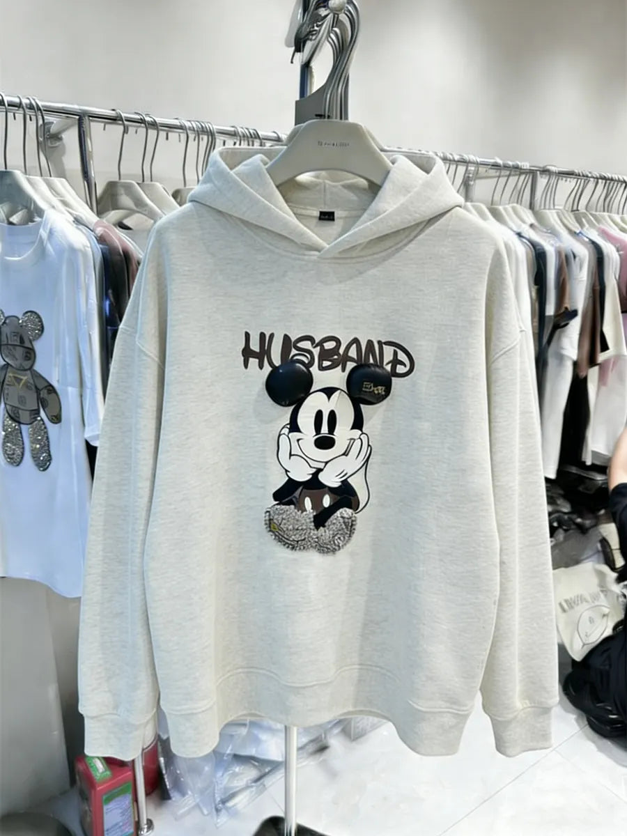 VINESU Rhinestone Mickey Hoodie - 3D Bling Design, Sweet-Cool Street Style