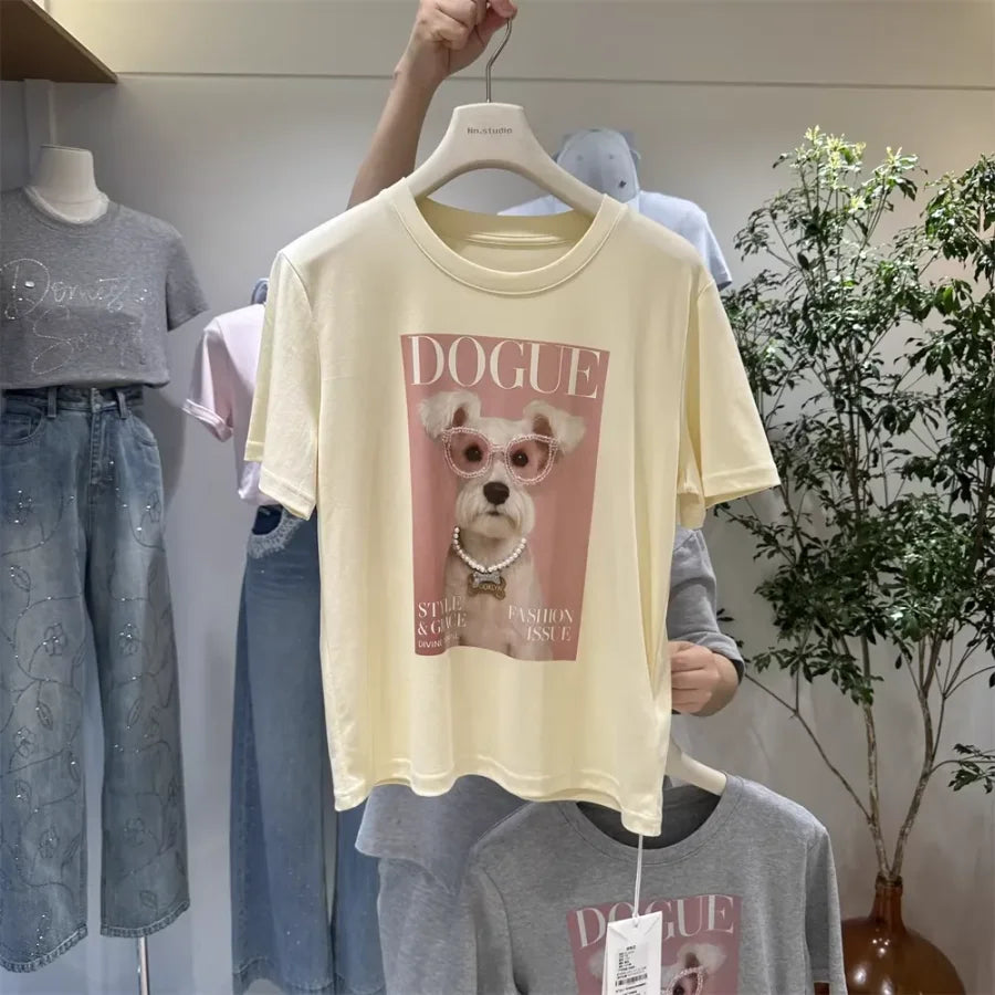 A116 - Premium 220 GSM Cotton Graphic Tee - "DOGUE" Schnauzer with Hand-Stitched Pearls & 3D Crystal Glasses