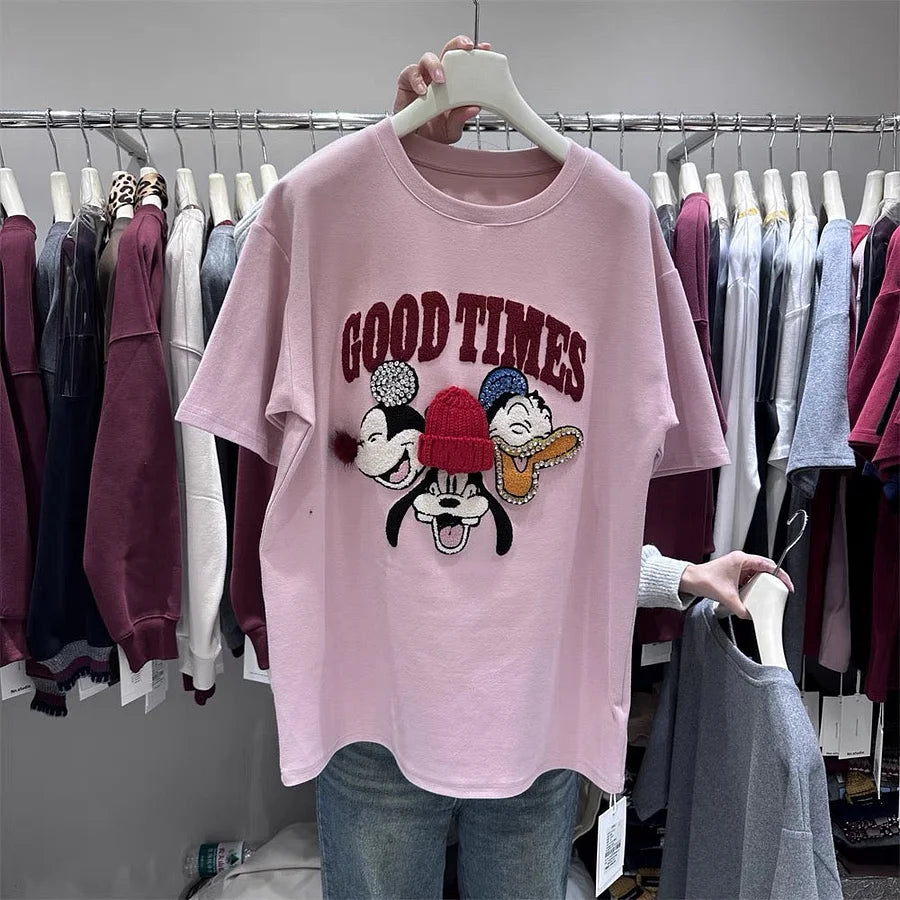 3D Knit Beanie Mickey Mouse Embroidered T-Shirt - Artisanal Character Graphic Tee - 220g Premium Heavyweight Cotton - Structured Boxy Fit