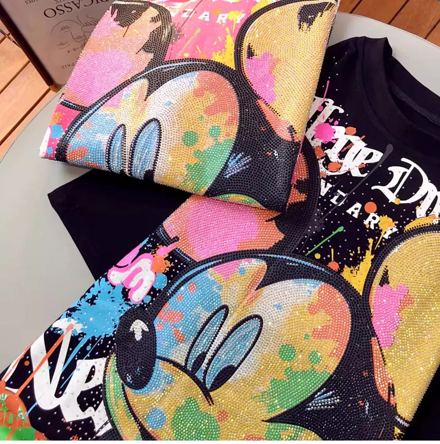 VINESU MK06 - Full Rhinestone Graffiti Mickey Oversized Cotton Tee