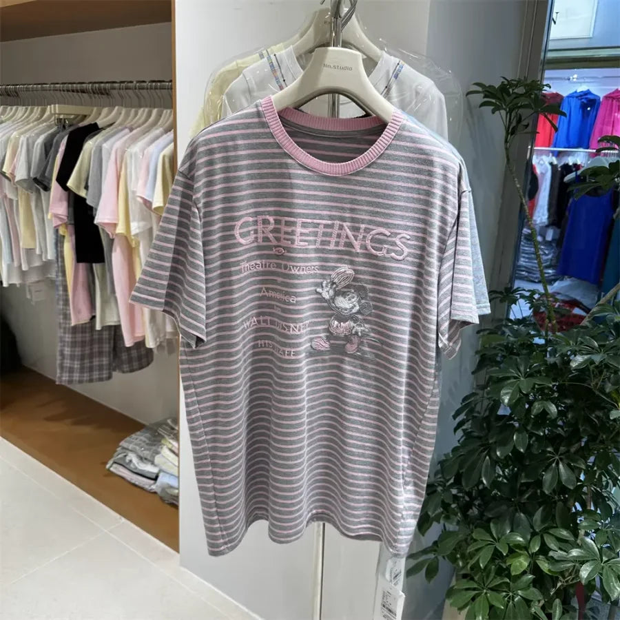 A133 - 2026 Urban Retro Mickey Striped Tee | 300g Heavyweight Premium Cotton | Oversized Summer Essential
