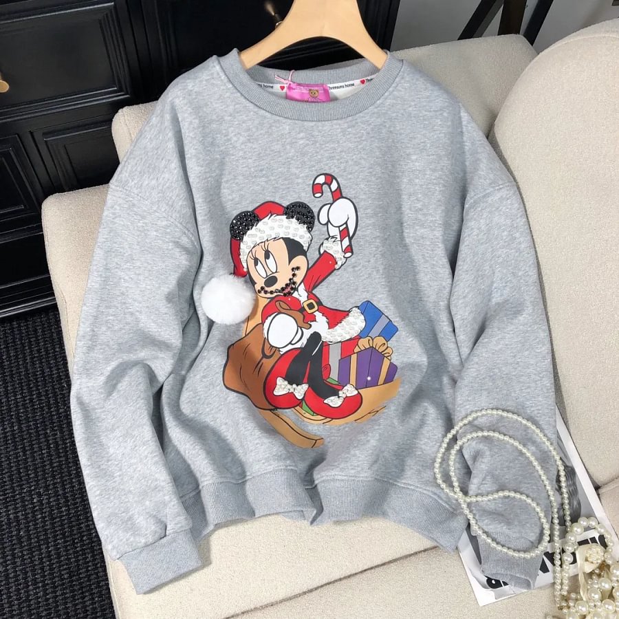 VINESU Christmas MN Cartoon Print Hand-Applied Beads Crewneck Sweatshirt