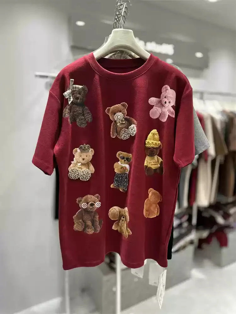 VINESU All-Over Teddy Bear Embroidery Heavyweight Tee