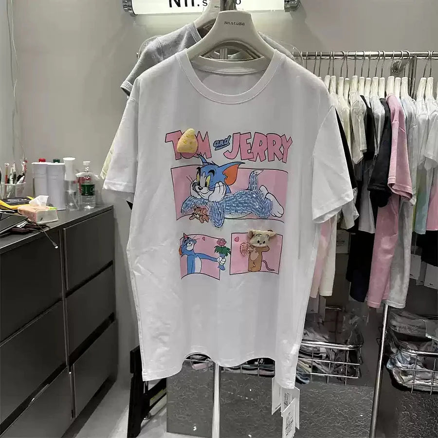 Artisan Tom & Jerry 3D Embellished Tee | Hand-Beaded Crystal Tom & Plush Jerry | 220g Premium Structured Cotton