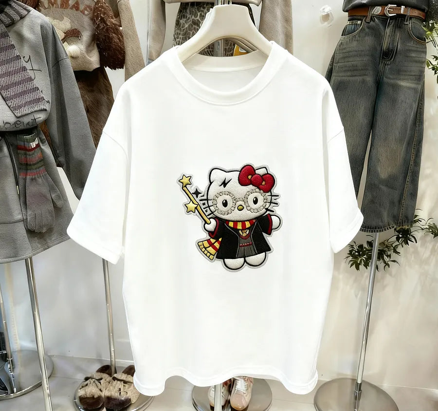VINESU Magic Style Hello Kitty Rhinestone Glasses Embroidered T-Shirt
