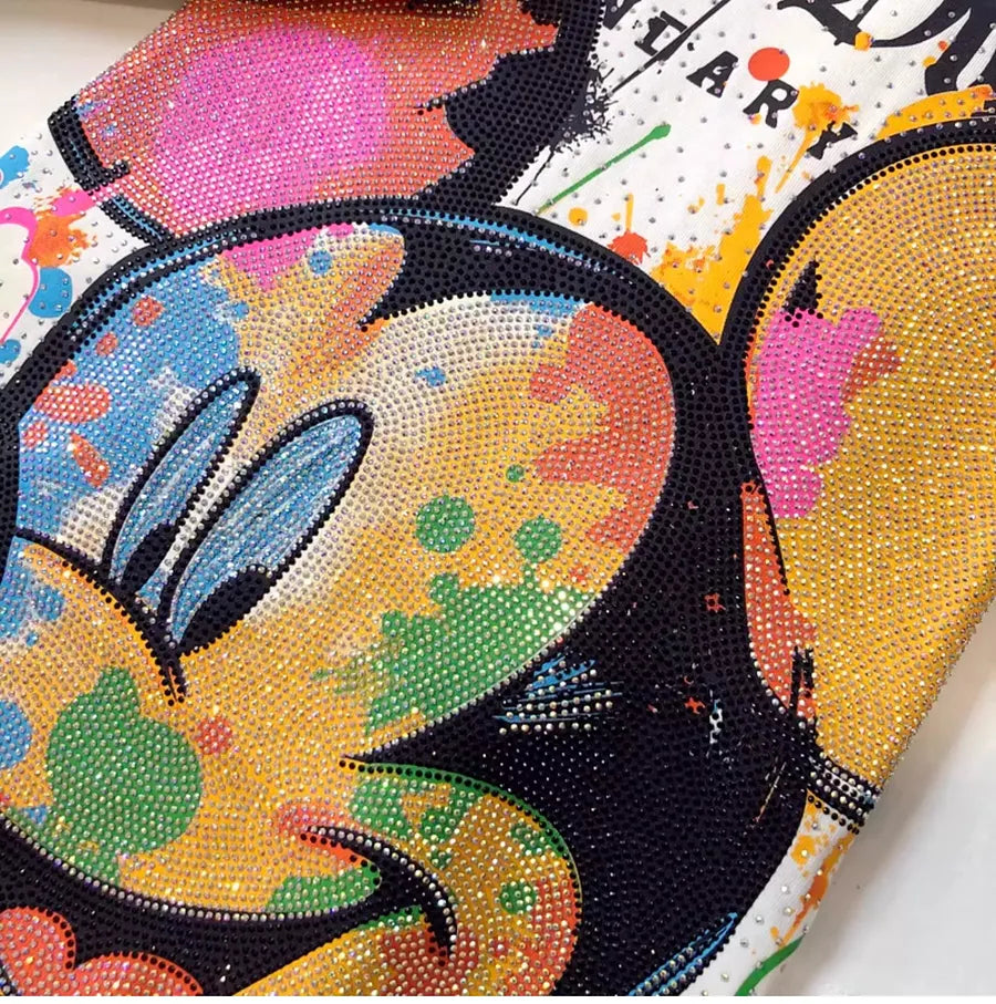 VINESU MK06 - Full Rhinestone Graffiti Mickey Oversized Cotton Tee