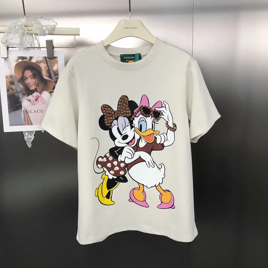 VINESU Minnie & Daisy Duck T-Shirt - Pearl/Rhinestone Details