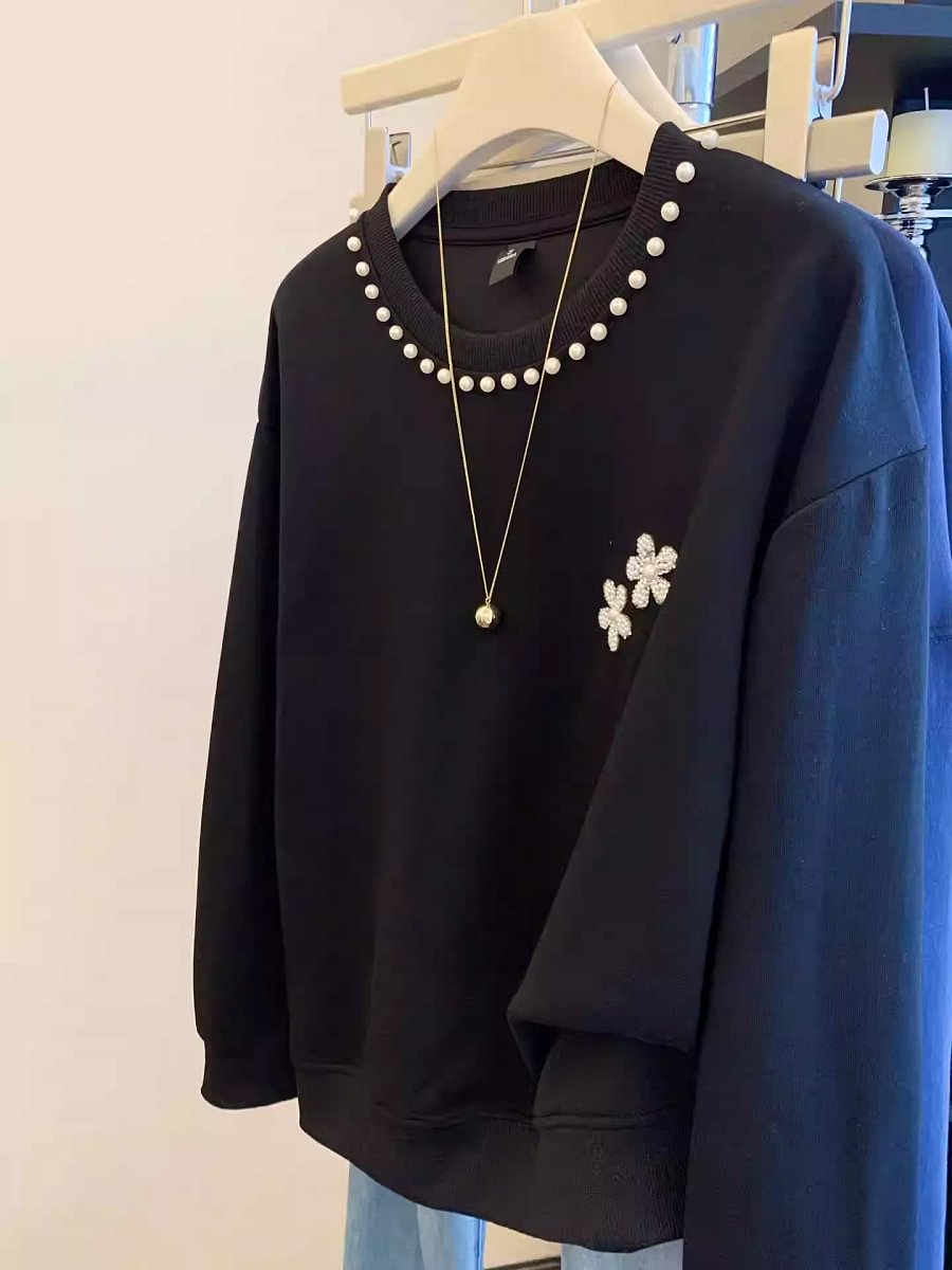 VINESU A42 Women’s Oversized Pearl Embellished Crewneck Sweatshirt | Floral Accent Casual Top