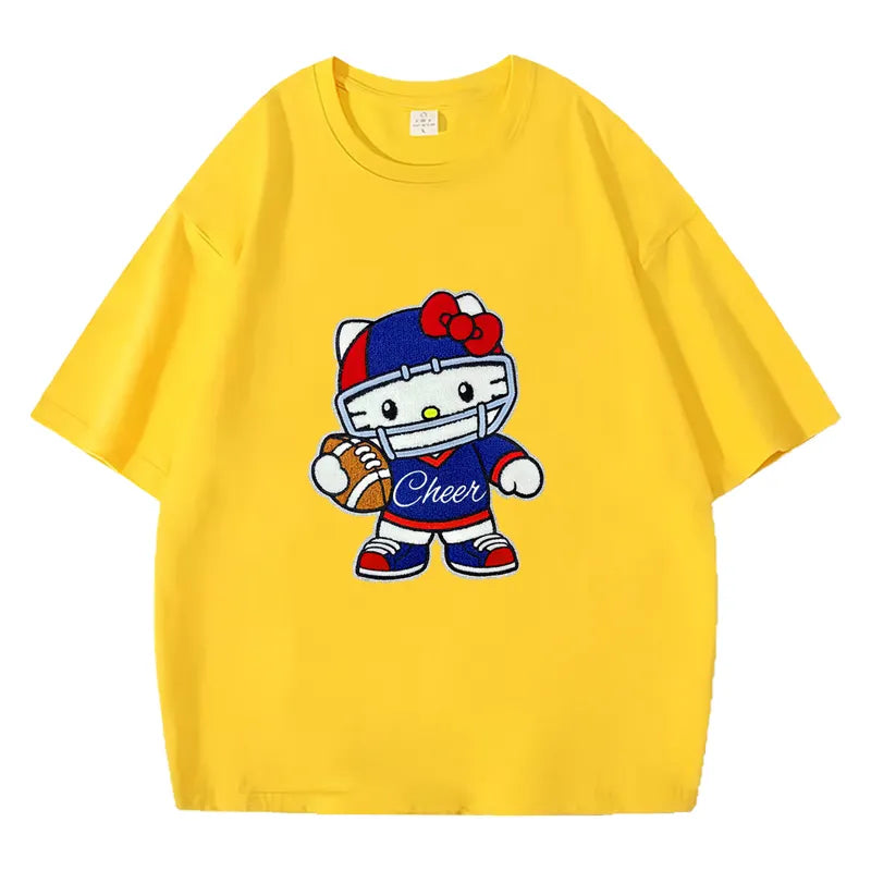 VINESU Sports Style Hello Kitty Football-Themed Textured Embroidered Short-Sleeve T-Shirt