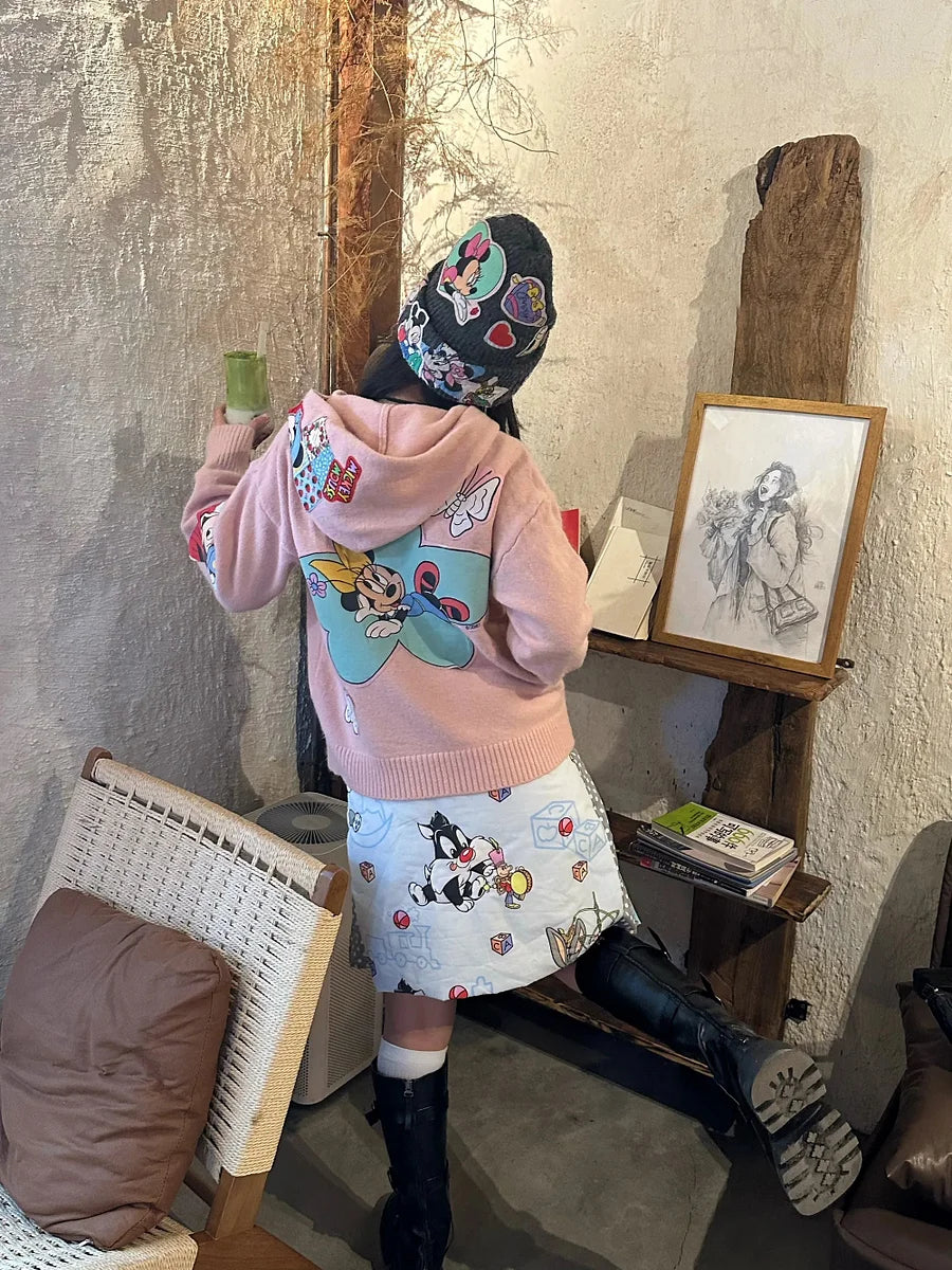 Vinesu A68 - Trendy & Cute Mickey & Minnie Knitted Hooded Cardigan - Warm Knit Sweater for Spring, Autumn, Winter
