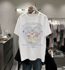 A259 - Good Partner Cat Graphic T-Shirt | 220G Heavy Cotton Tee with 3D Appliqué Details & Handmade Beaded Embroidery