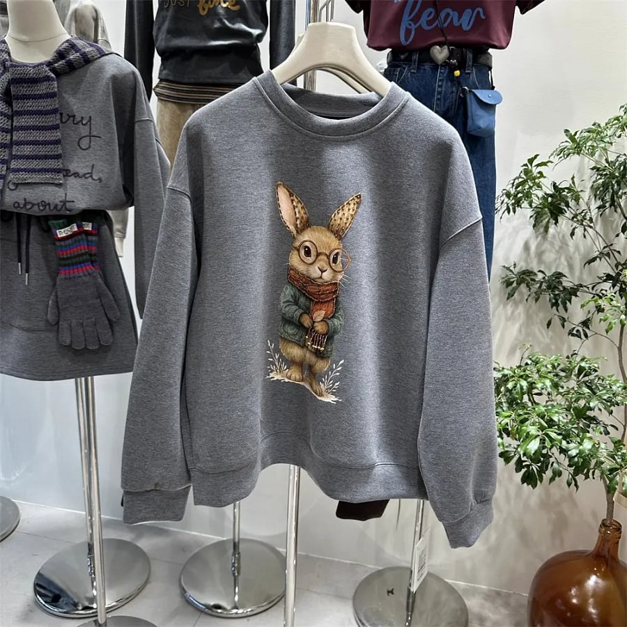VINESU Heavy-Duty Glasses Bunny Crewneck Sweatshirt - Trendy Casual Style
