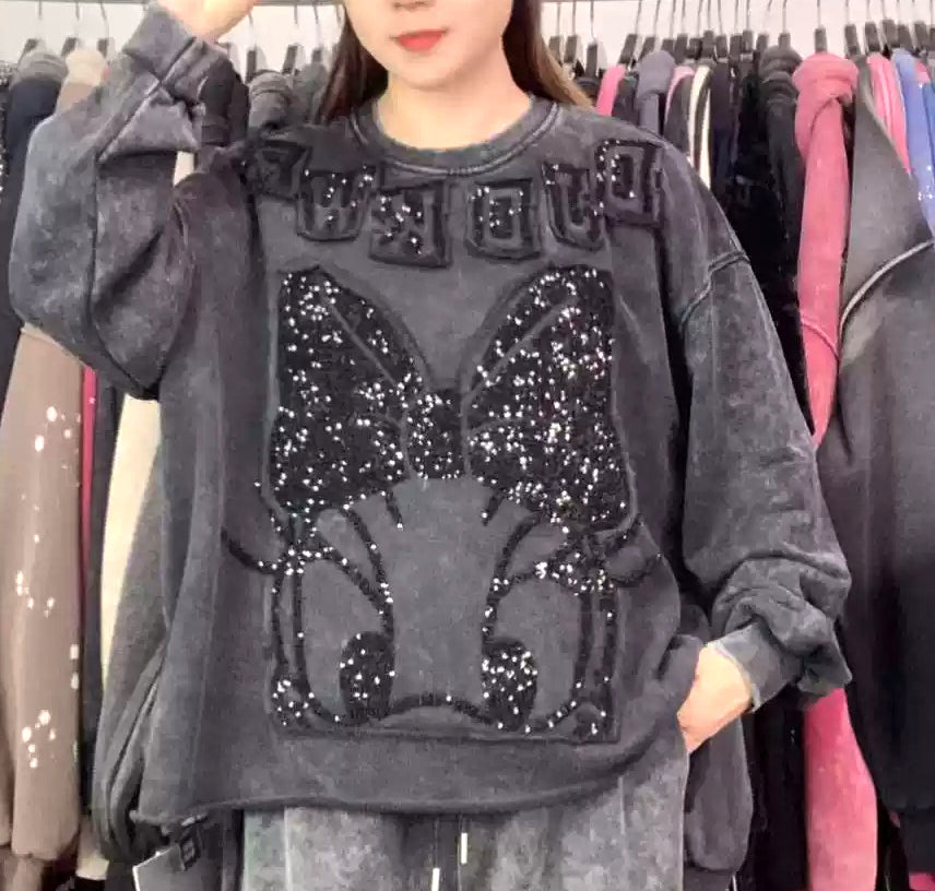 Vintage Washed Sequin Daisy Duck Sweatshirt | Oversized Graphic Crewneck