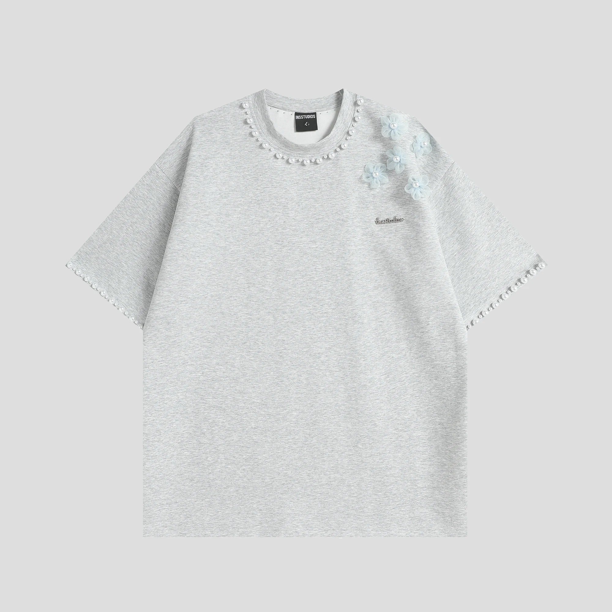 3D Floral Pearl Embellished T-Shirt | Oversized Designer Statement Tee