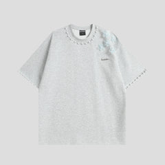 3D Floral Pearl Embellished T-Shirt | Oversized Designer Statement Tee