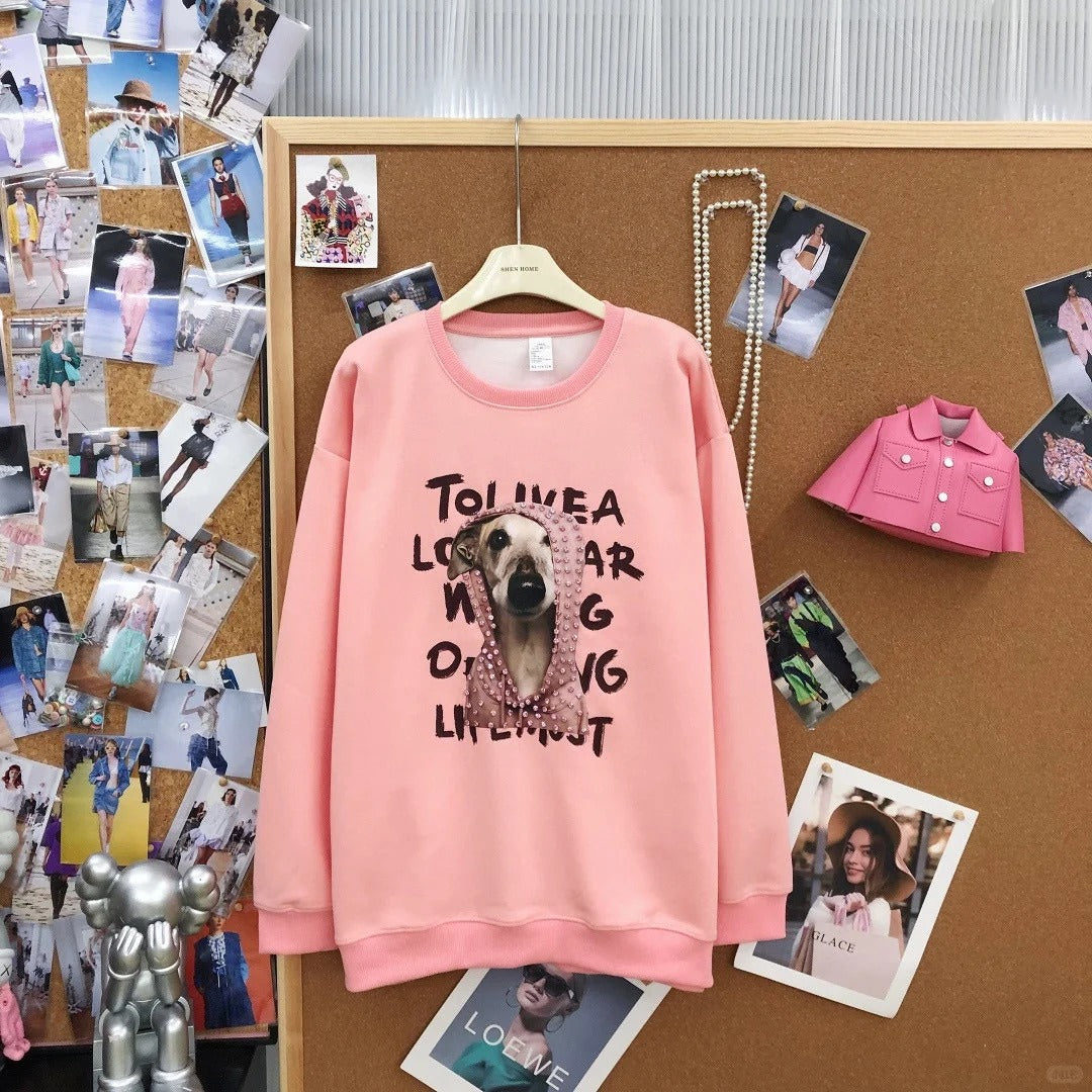B09 - Heavyweight Cotton Crewneck Sweatshirt with Hand-Nailed Pink Rhinestones & Printed Dog Hood Graphic