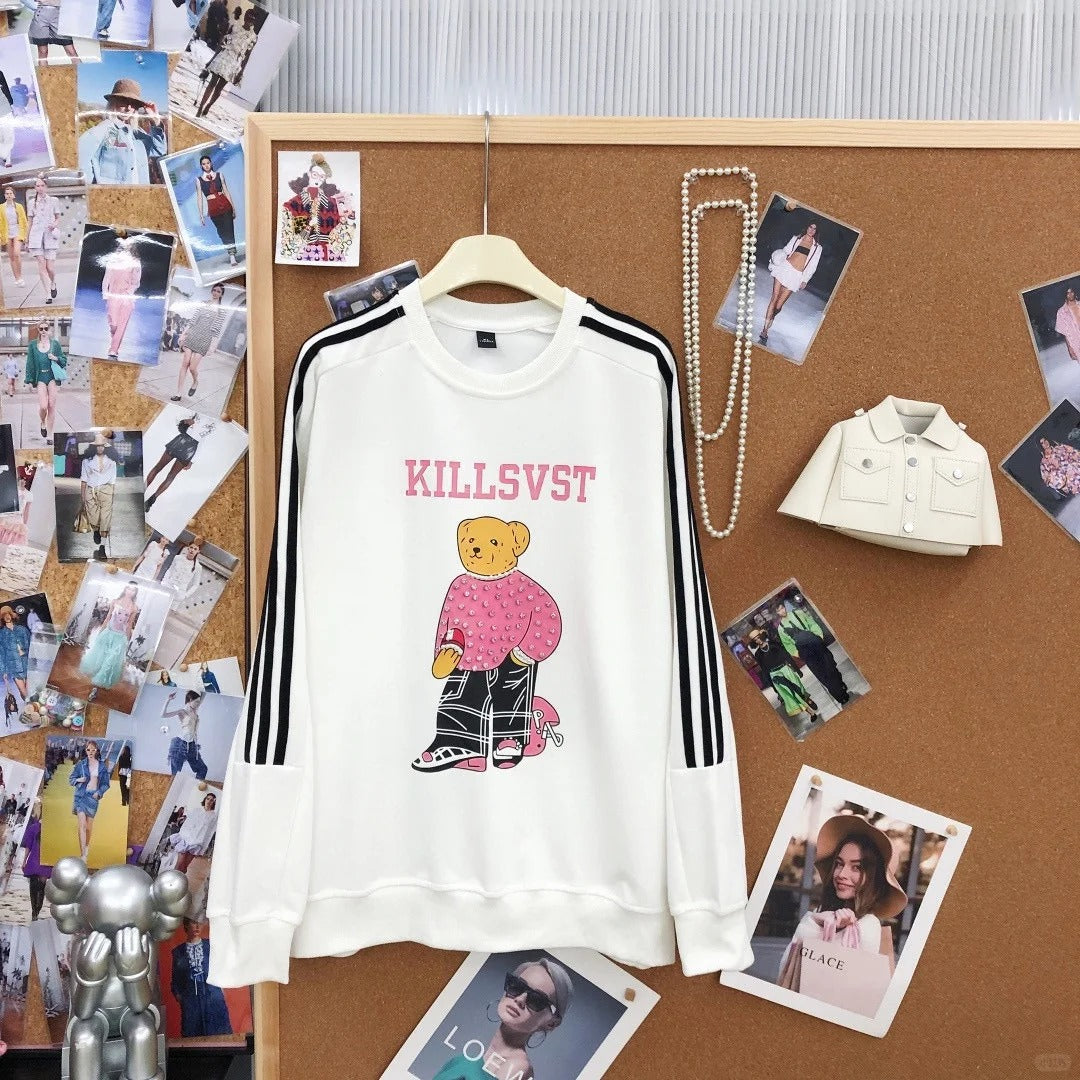 B08 - Pink Rhinestone Teddy Bear Stripe Sleeve Heavyweight Crewneck Sweatshirt