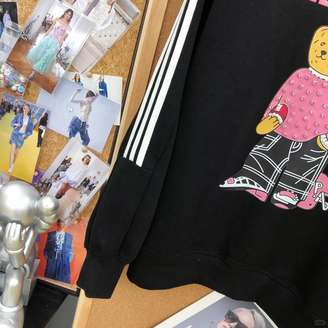 B08 - Pink Rhinestone Teddy Bear Stripe Sleeve Heavyweight Crewneck Sweatshirt