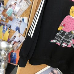 B08 - Pink Rhinestone Teddy Bear Stripe Sleeve Heavyweight Crewneck Sweatshirt