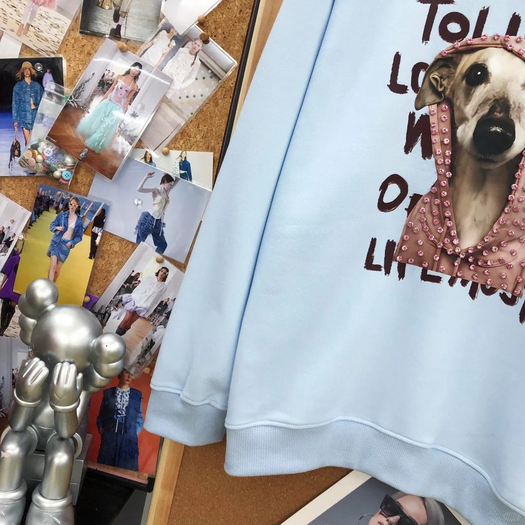 B09 - Heavyweight Cotton Crewneck Sweatshirt with Hand-Nailed Pink Rhinestones & Printed Dog Hood Graphic
