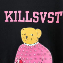 B08 - Pink Rhinestone Teddy Bear Stripe Sleeve Heavyweight Crewneck Sweatshirt