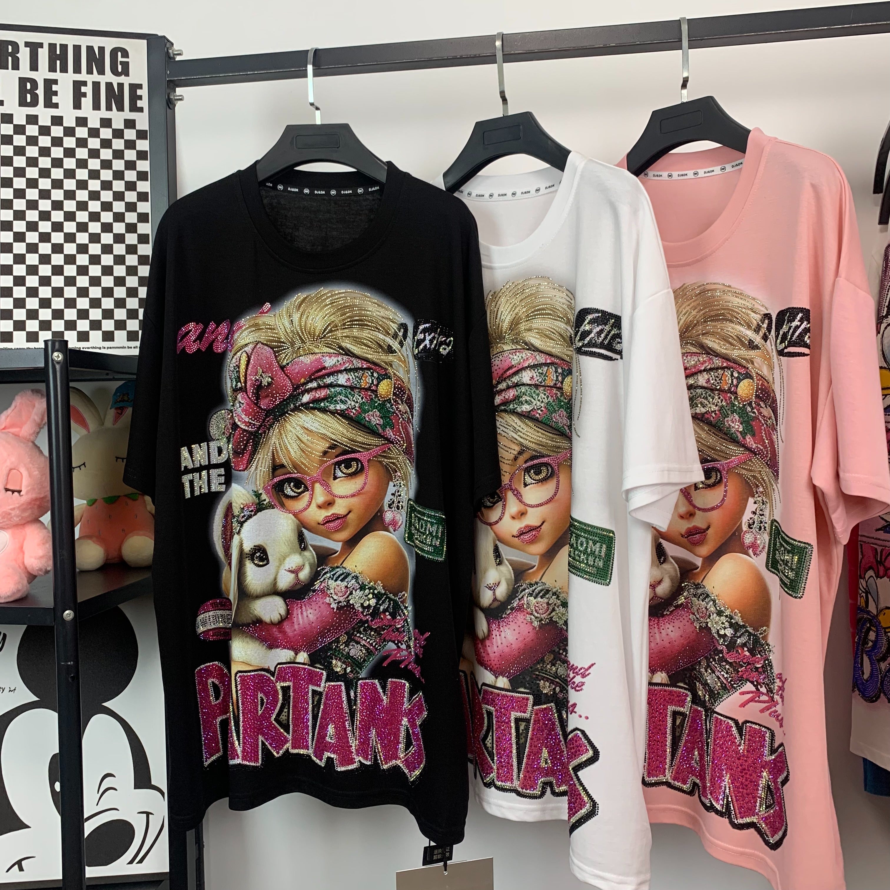 R3 - Heavyweight 320g Pure Cotton T-Shirt - Sparkling Full Rhinestone Cute Girl & Bunny Graphic Oversized Tee