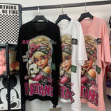 R3 - Heavyweight 320g Pure Cotton T-Shirt - Sparkling Full Rhinestone Cute Girl & Bunny Graphic Oversized Tee