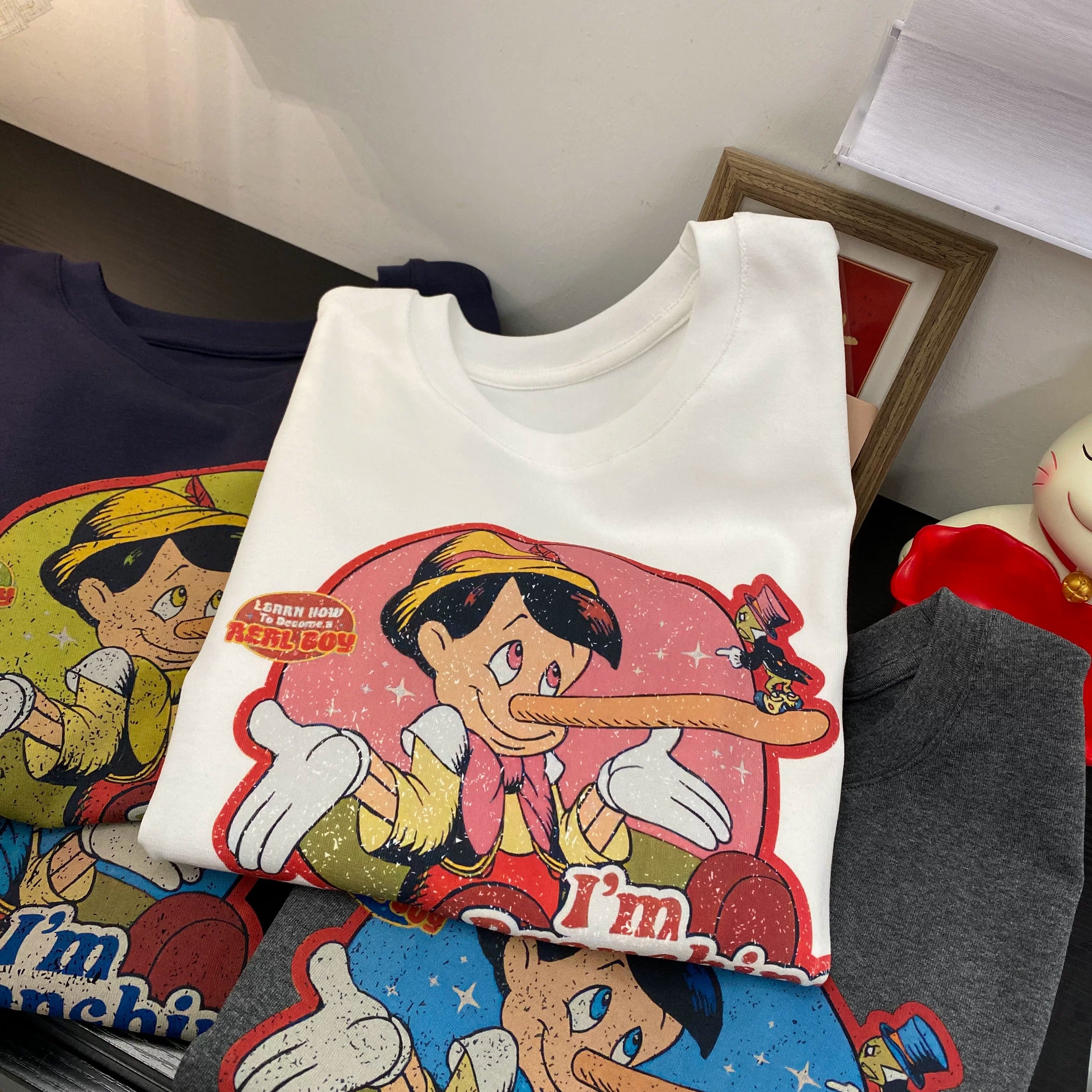 Vintage Pinocchio Graphic Cotton T-Shirt | Oversized Front & Back Print Tee