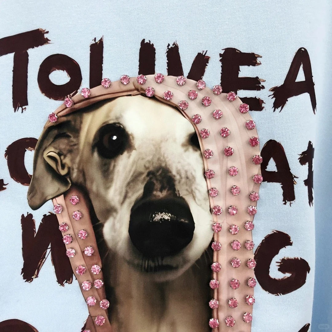 B09 - Heavyweight Cotton Crewneck Sweatshirt with Hand-Nailed Pink Rhinestones & Printed Dog Hood Graphic